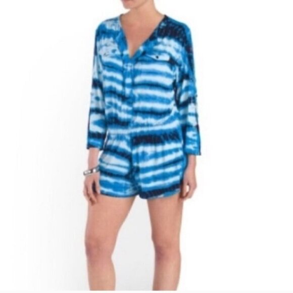 Young Fabulous & Broke V Neck Long Sleeve Tie Dye Blue Romper Size M - Picture 1 of 6